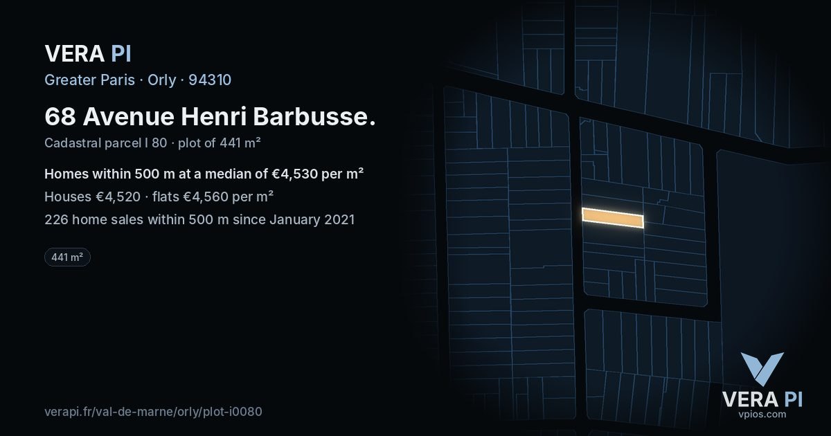 68 Avenue Henri Barbusse, Orly at night – the plot lit, the parcels around coloured by the prices near them