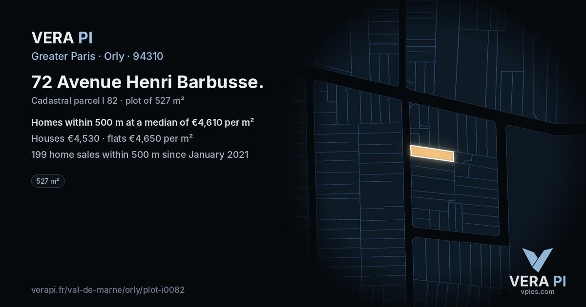 72 Avenue Henri Barbusse, Orly at night – the plot lit, the parcels around coloured by the prices near them