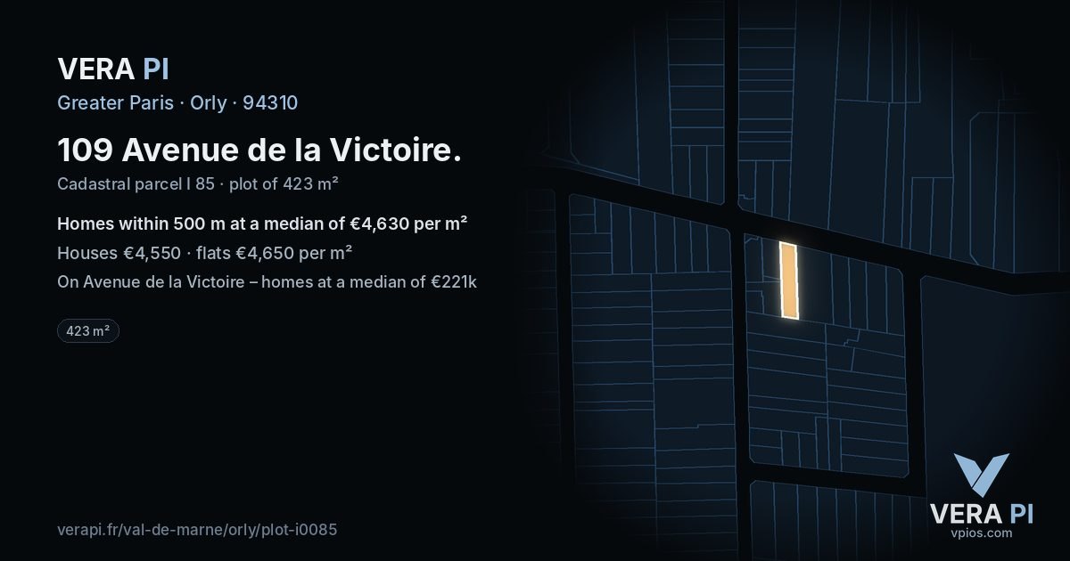 109 Avenue de la Victoire, Orly at night – the plot lit, the parcels around coloured by the prices near them