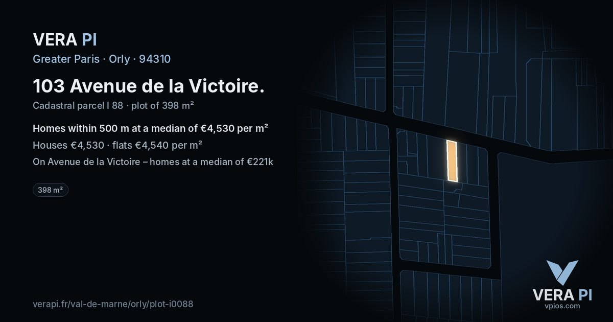 103 Avenue de la Victoire, Orly at night – the plot lit, the parcels around coloured by the prices near them