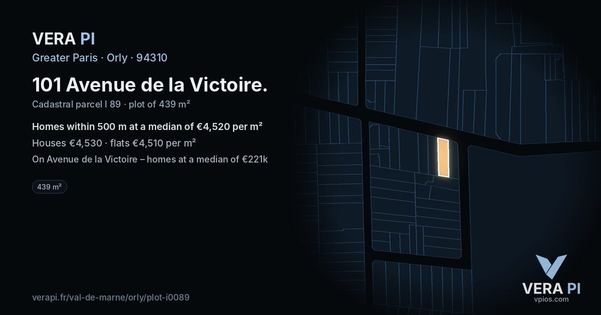 101 Avenue de la Victoire, Orly at night – the plot lit, the parcels around coloured by the prices near them