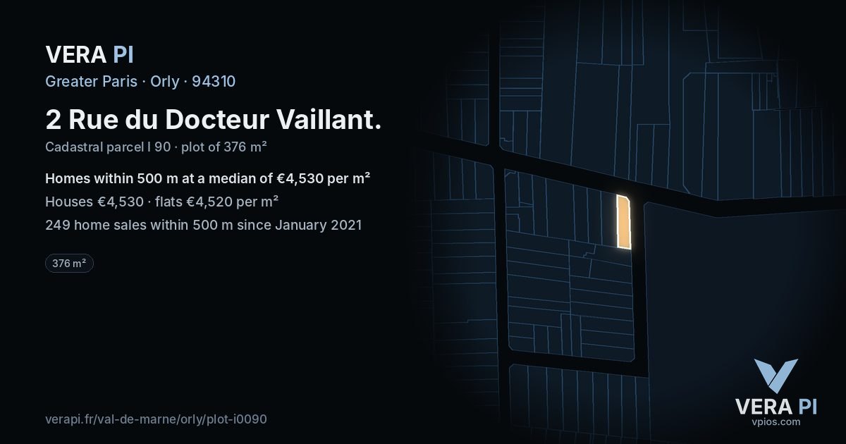 2 Rue du Docteur Vaillant, Orly at night – the plot lit, the parcels around coloured by the prices near them