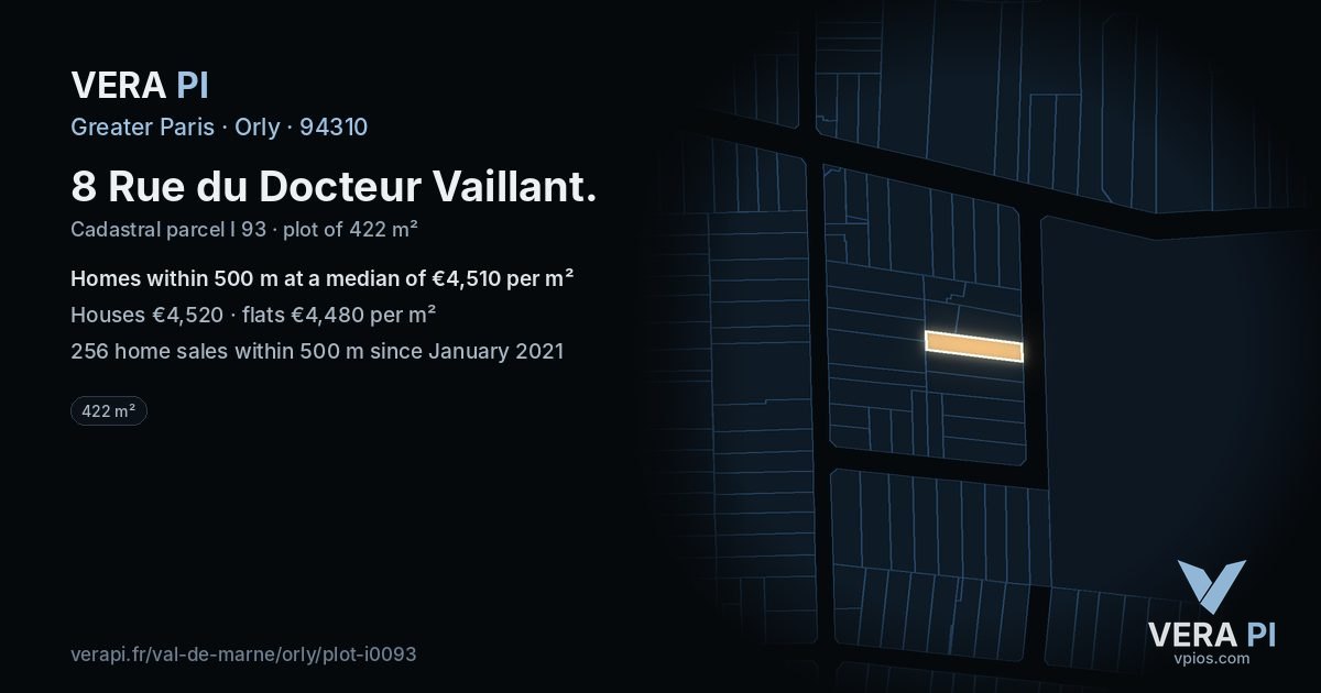 8 Rue du Docteur Vaillant, Orly at night – the plot lit, the parcels around coloured by the prices near them