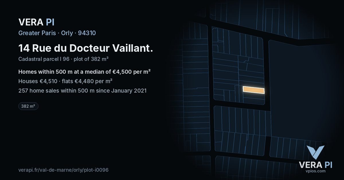 14 Rue du Docteur Vaillant, Orly at night – the plot lit, the parcels around coloured by the prices near them