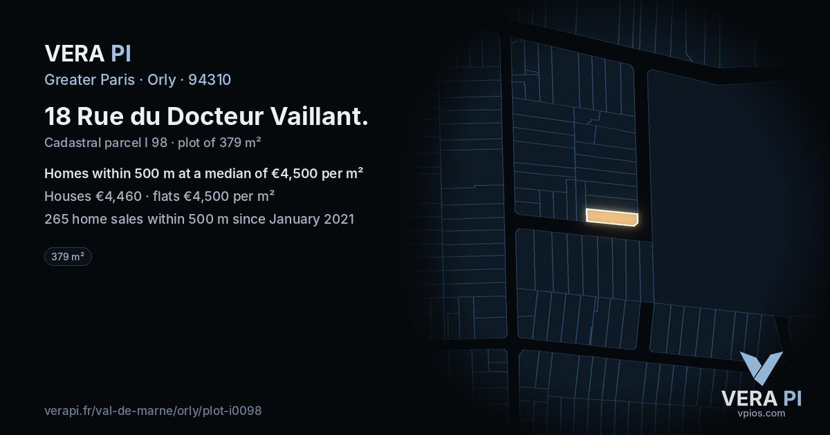 18 Rue du Docteur Vaillant, Orly at night – the plot lit, the parcels around coloured by the prices near them