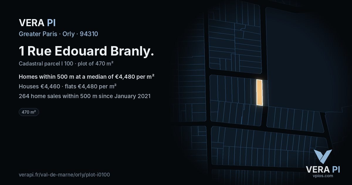 1 Rue Edouard Branly, Orly at night – the plot lit, the parcels around coloured by the prices near them