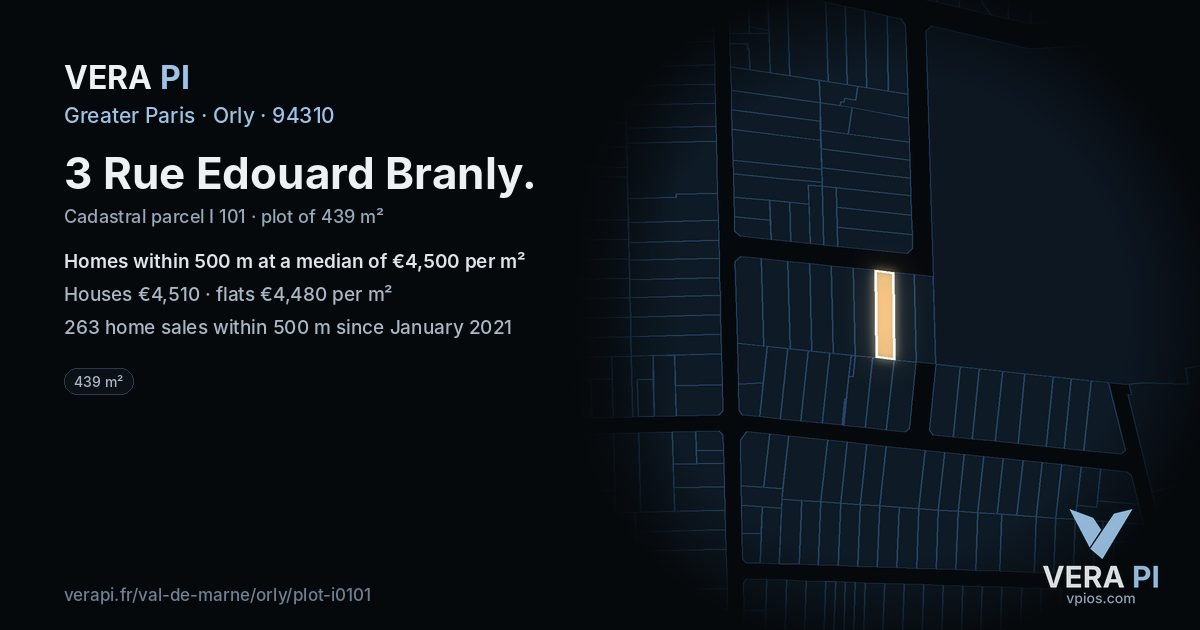 3 Rue Edouard Branly, Orly at night – the plot lit, the parcels around coloured by the prices near them