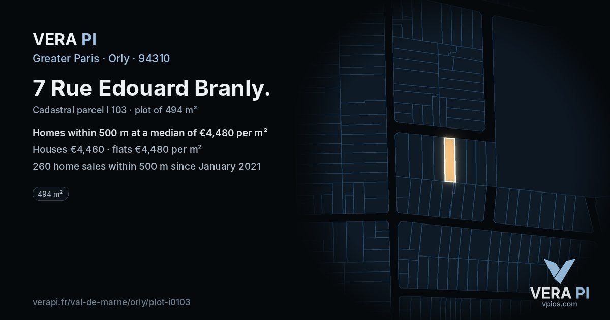 7 Rue Edouard Branly, Orly at night – the plot lit, the parcels around coloured by the prices near them