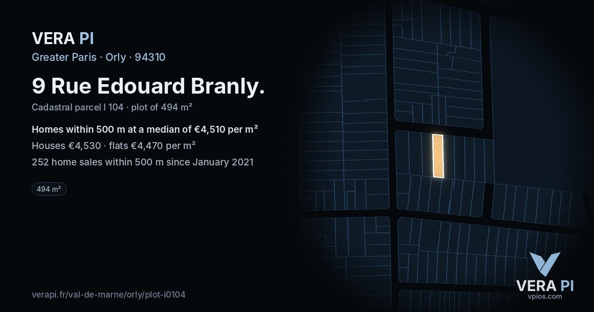 9 Rue Edouard Branly, Orly at night – the plot lit, the parcels around coloured by the prices near them