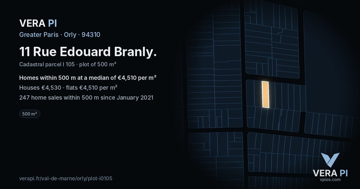 11 Rue Edouard Branly, Orly at night – the plot lit, the parcels around coloured by the prices near them
