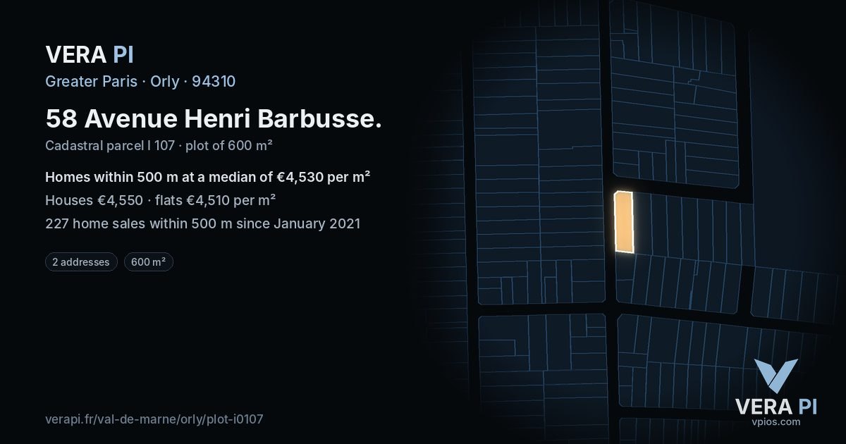 58 Avenue Henri Barbusse, Orly at night – the plot lit, the parcels around coloured by the prices near them