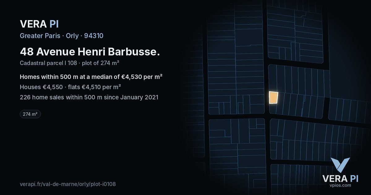 48 Avenue Henri Barbusse, Orly at night – the plot lit, the parcels around coloured by the prices near them
