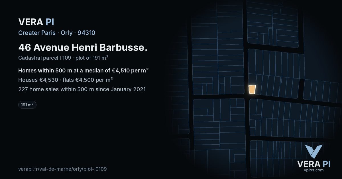 46 Avenue Henri Barbusse, Orly at night – the plot lit, the parcels around coloured by the prices near them