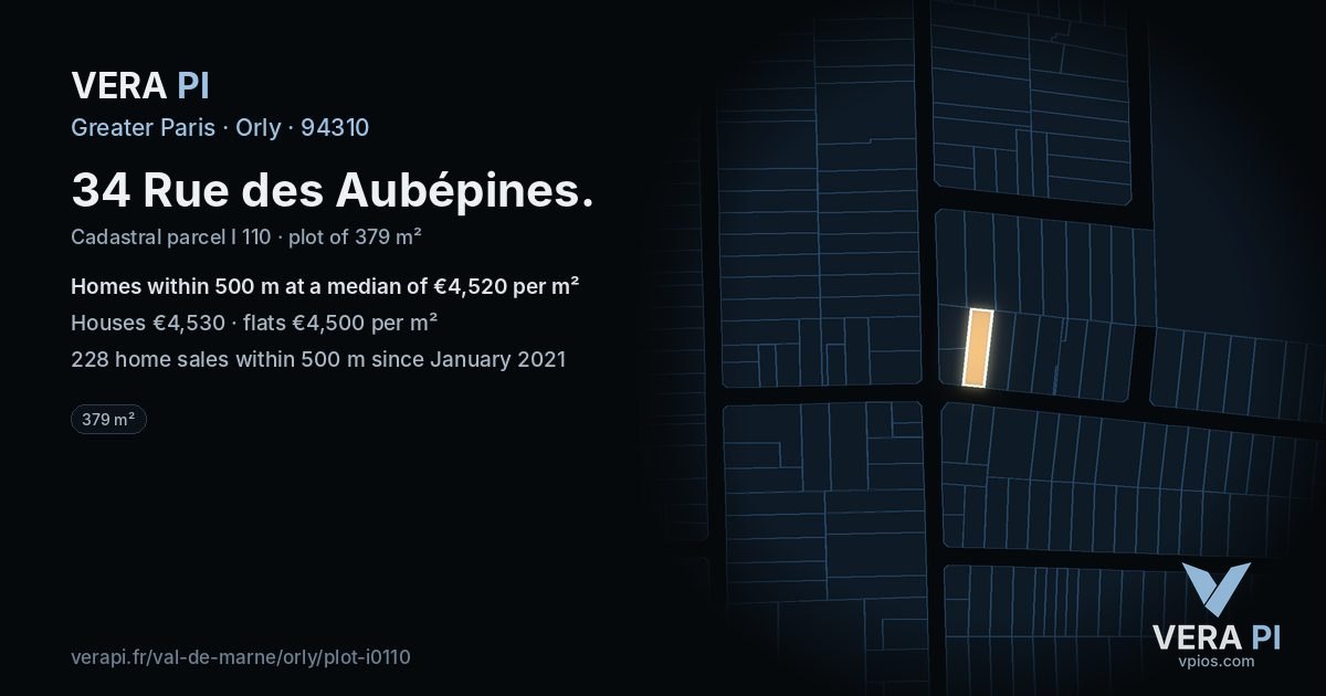 34 Rue des Aubépines, Orly at night – the plot lit, the parcels around coloured by the prices near them