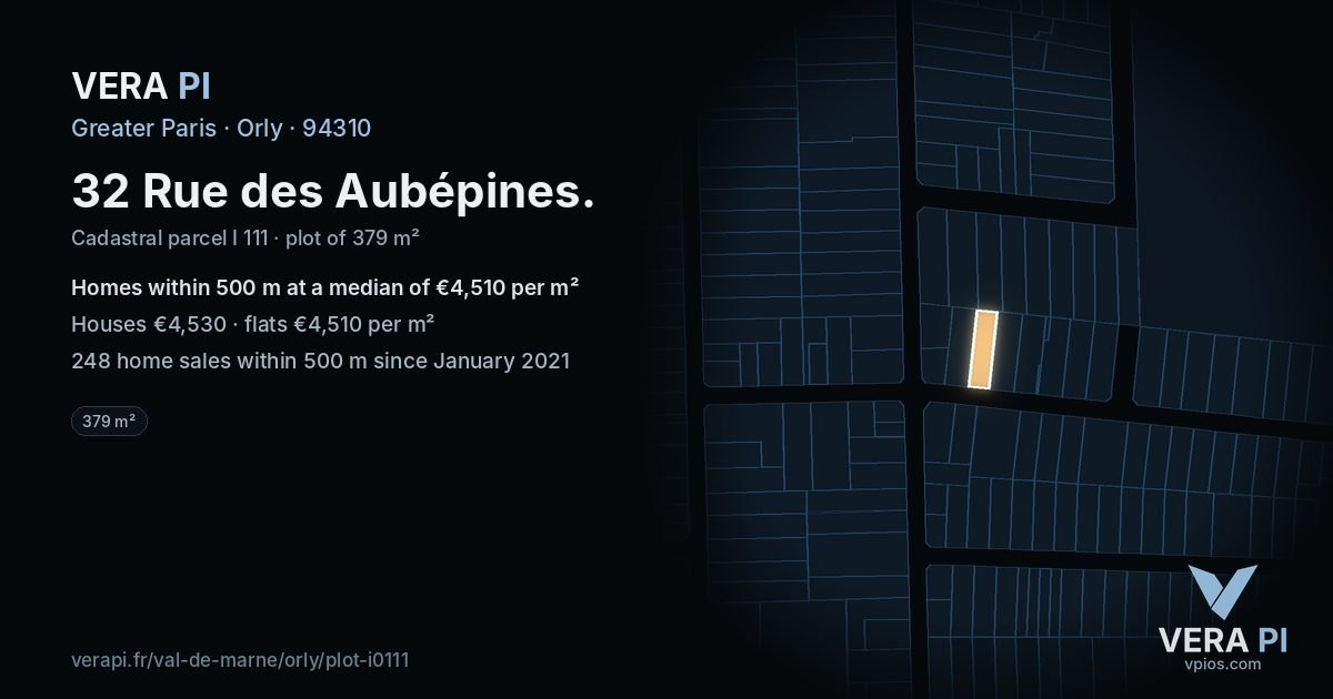 32 Rue des Aubépines, Orly at night – the plot lit, the parcels around coloured by the prices near them