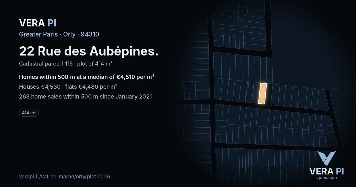 22 Rue des Aubépines, Orly at night – the plot lit, the parcels around coloured by the prices near them