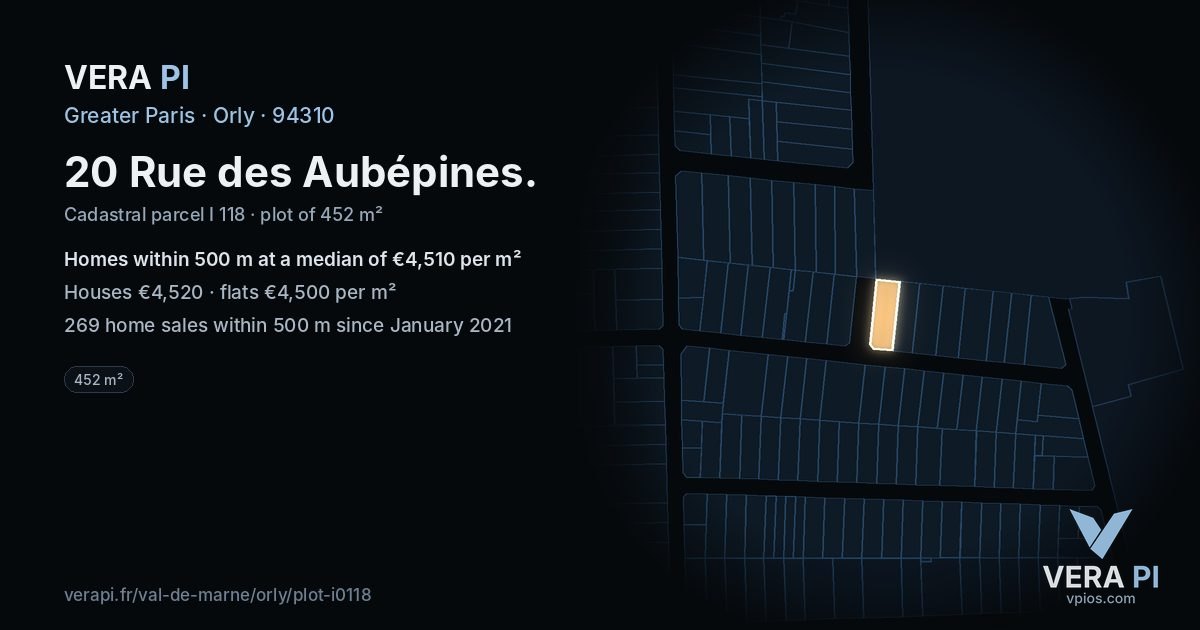 20 Rue des Aubépines, Orly at night – the plot lit, the parcels around coloured by the prices near them