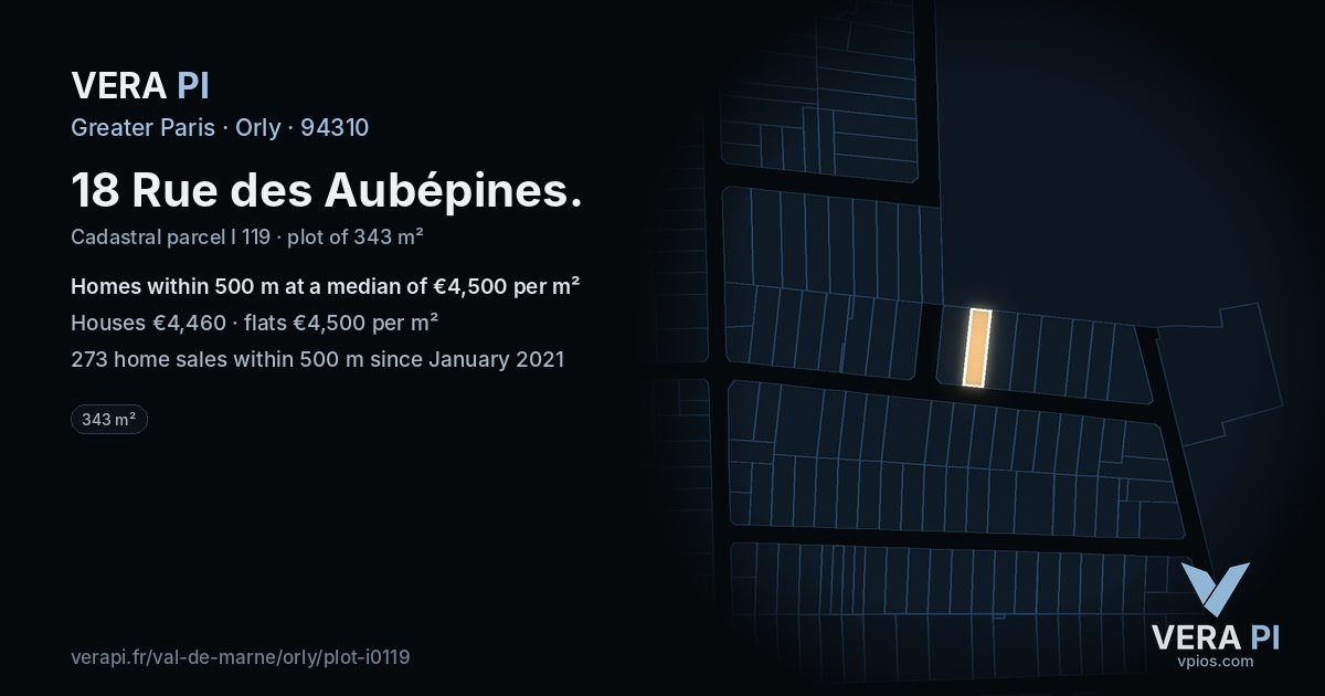 18 Rue des Aubépines, Orly at night – the plot lit, the parcels around coloured by the prices near them