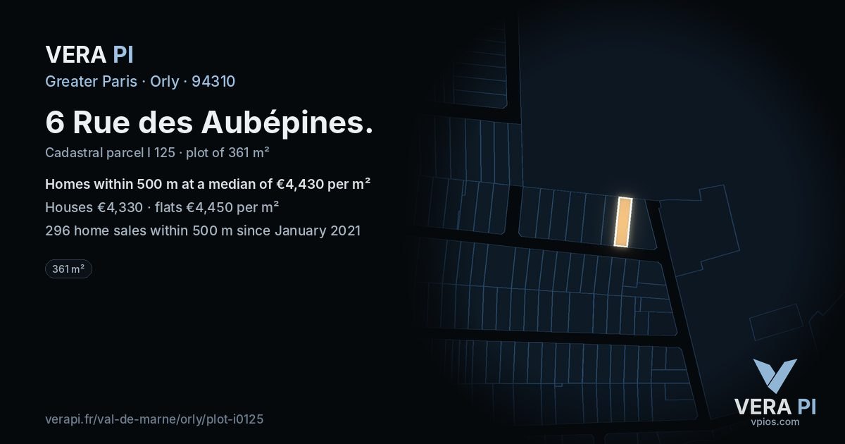 6 Rue des Aubépines, Orly at night – the plot lit, the parcels around coloured by the prices near them
