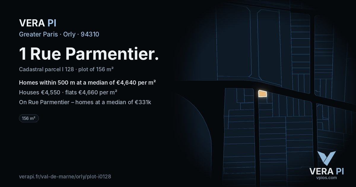 1 Rue Parmentier, Orly at night – the plot lit, the parcels around coloured by the prices near them
