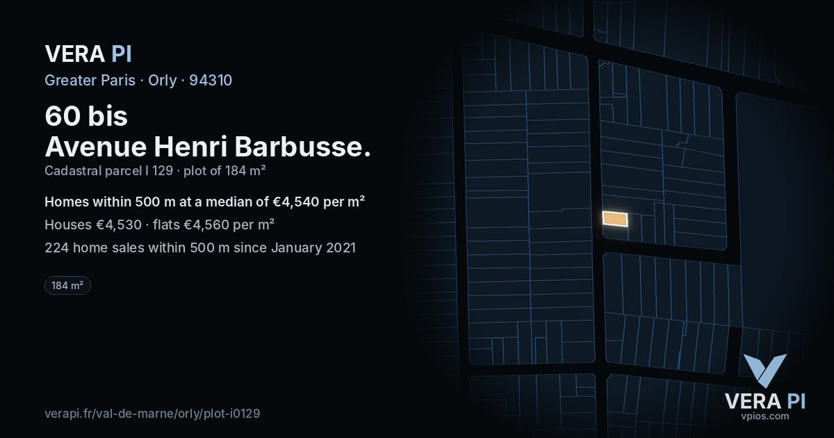60 bis Avenue Henri Barbusse, Orly at night – the plot lit, the parcels around coloured by the prices near them