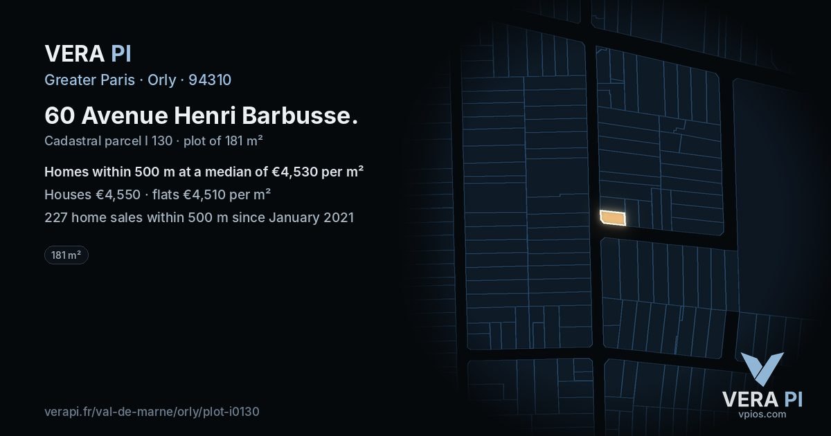 60 Avenue Henri Barbusse, Orly at night – the plot lit, the parcels around coloured by the prices near them