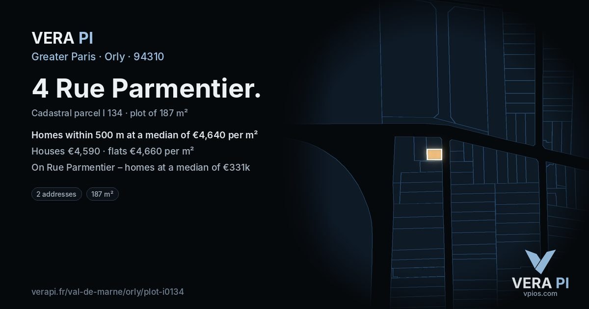 4 Rue Parmentier, Orly at night – the plot lit, the parcels around coloured by the prices near them