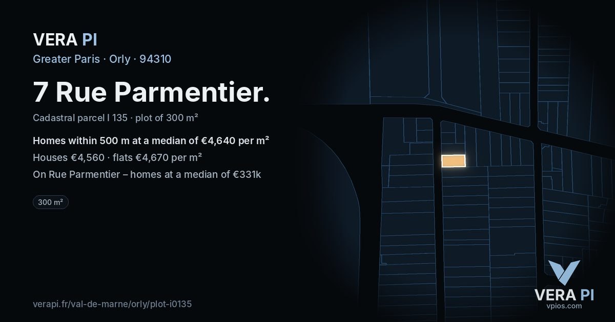 7 Rue Parmentier, Orly at night – the plot lit, the parcels around coloured by the prices near them