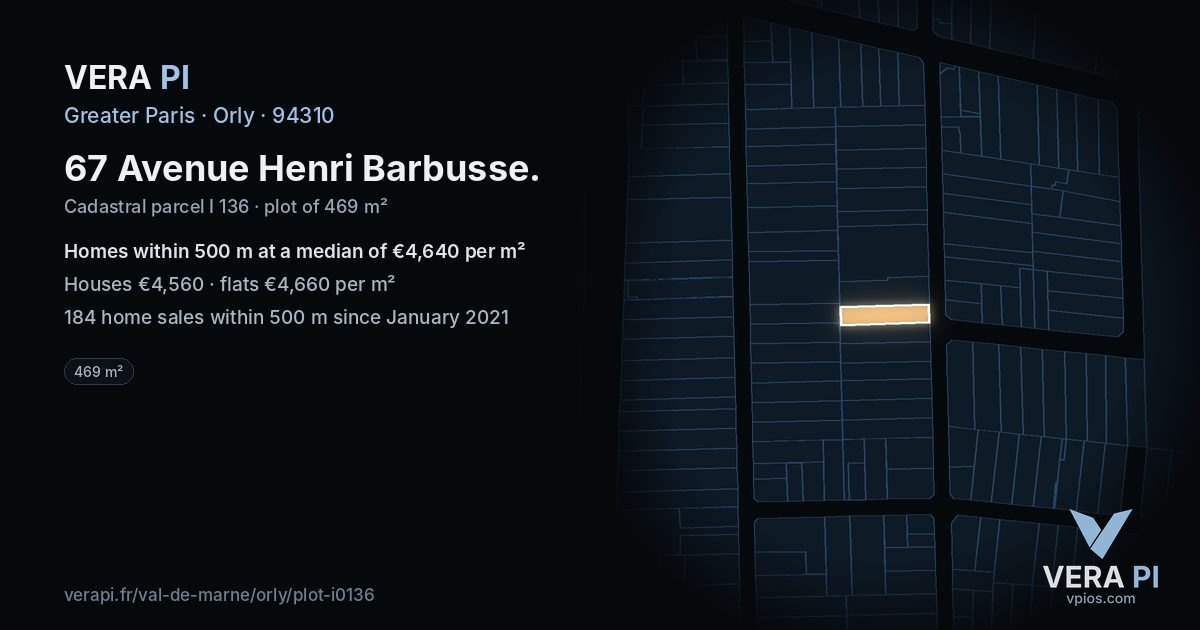 67 Avenue Henri Barbusse, Orly at night – the plot lit, the parcels around coloured by the prices near them