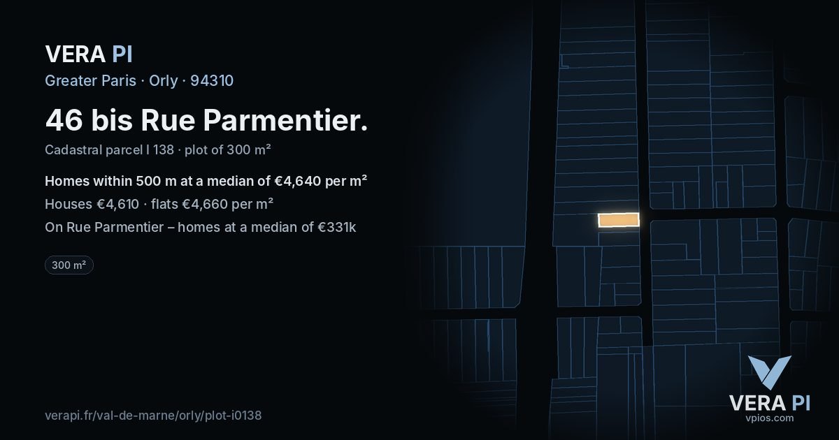 46 bis Rue Parmentier, Orly at night – the plot lit, the parcels around coloured by the prices near them