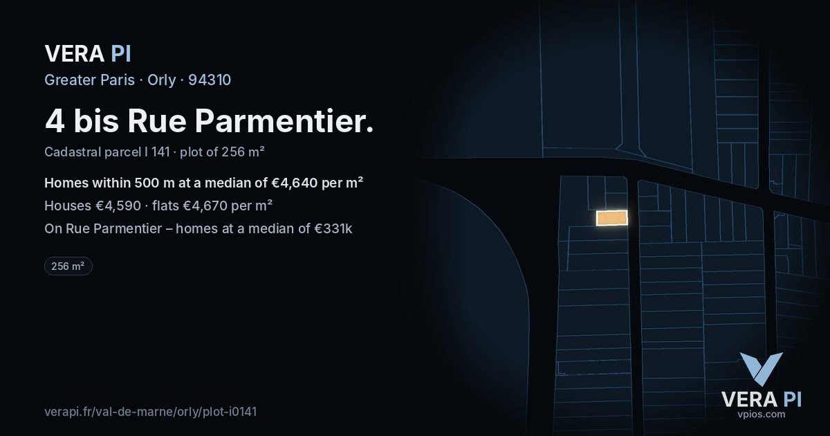 4 bis Rue Parmentier, Orly at night – the plot lit, the parcels around coloured by the prices near them