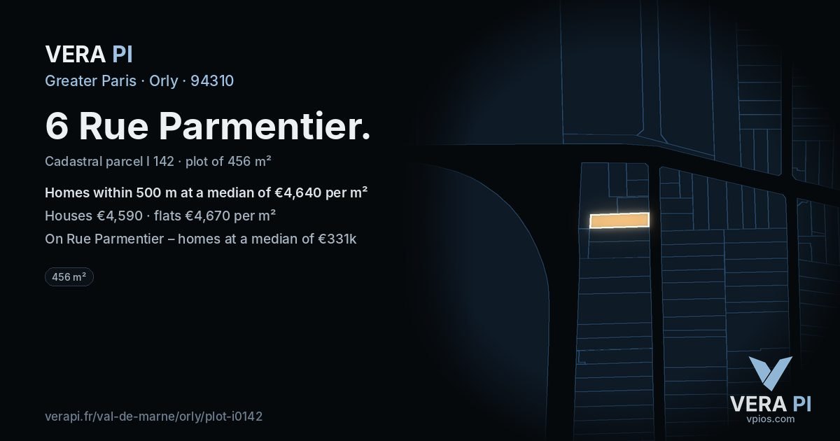 6 Rue Parmentier, Orly at night – the plot lit, the parcels around coloured by the prices near them