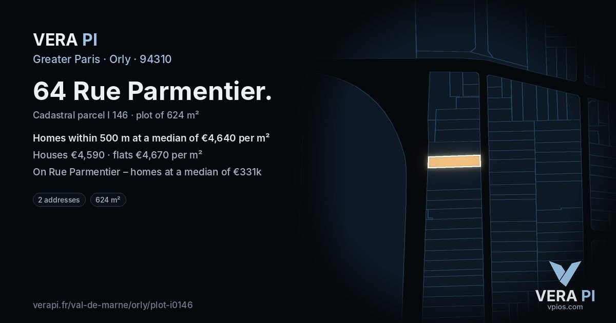64 Rue Parmentier, Orly at night – the plot lit, the parcels around coloured by the prices near them