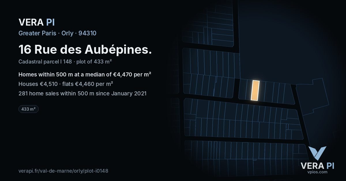 16 Rue des Aubépines, Orly at night – the plot lit, the parcels around coloured by the prices near them