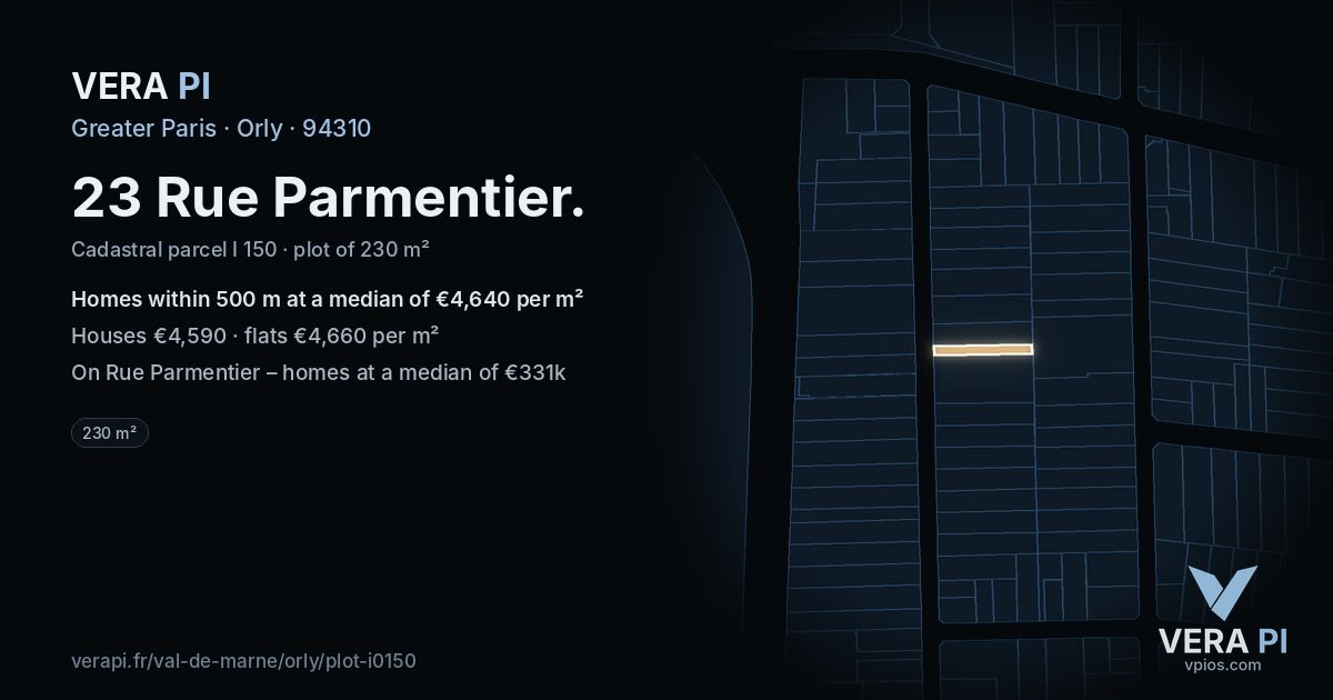 23 Rue Parmentier, Orly at night – the plot lit, the parcels around coloured by the prices near them