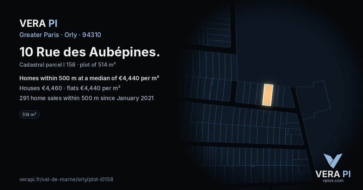 10 Rue des Aubépines, Orly at night – the plot lit, the parcels around coloured by the prices near them