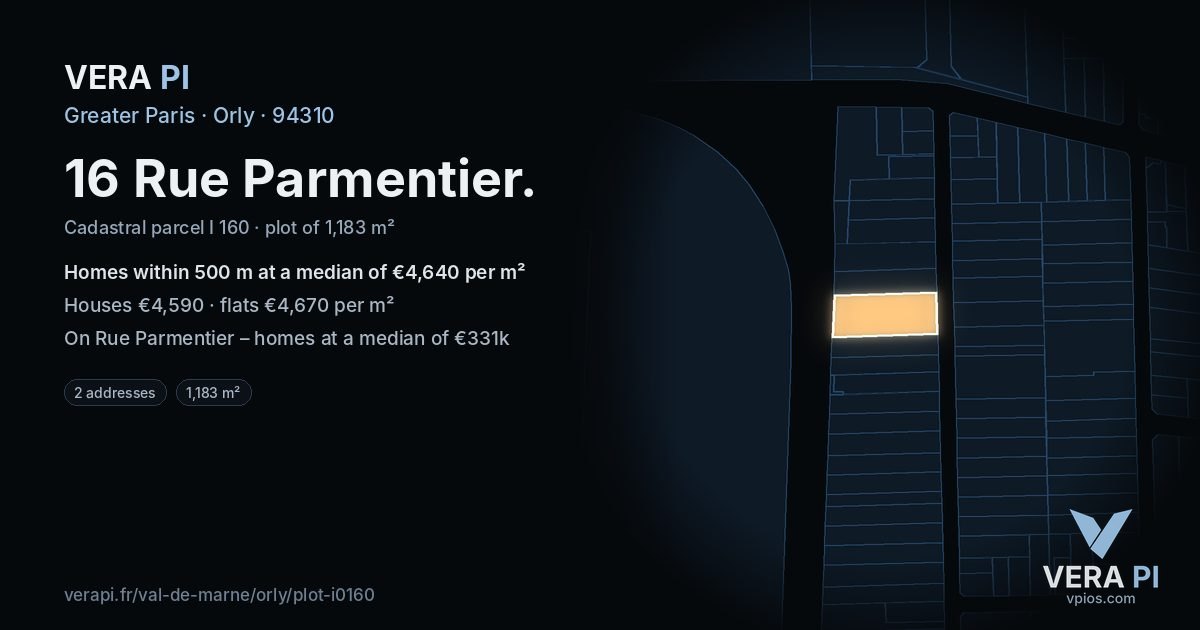 16 Rue Parmentier, Orly at night – the plot lit, the parcels around coloured by the prices near them