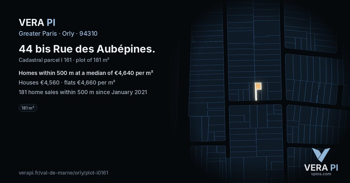 44 bis Rue des Aubépines, Orly at night – the plot lit, the parcels around coloured by the prices near them