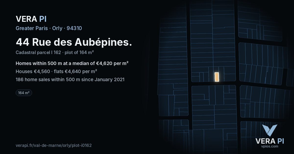44 Rue des Aubépines, Orly at night – the plot lit, the parcels around coloured by the prices near them