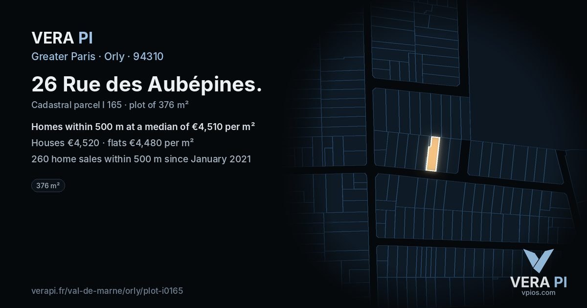 26 Rue des Aubépines, Orly at night – the plot lit, the parcels around coloured by the prices near them
