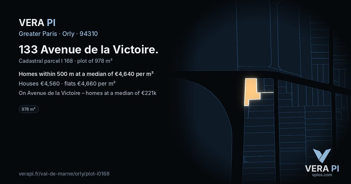 133 Avenue de la Victoire, Orly at night – the plot lit, the parcels around coloured by the prices near them
