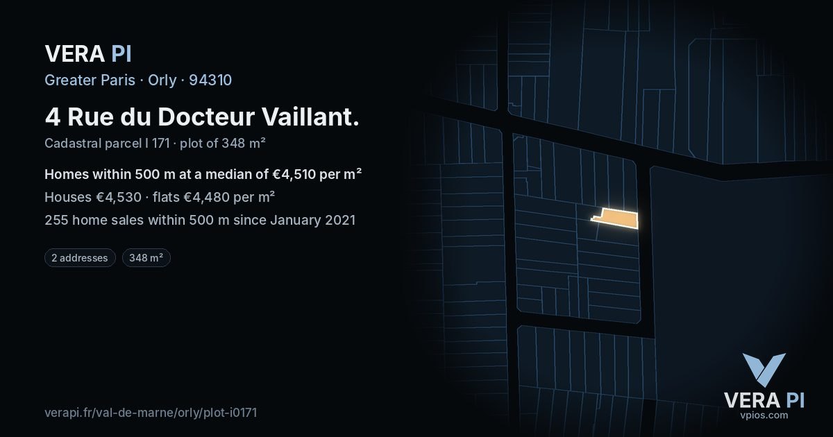 4 Rue du Docteur Vaillant, Orly at night – the plot lit, the parcels around coloured by the prices near them