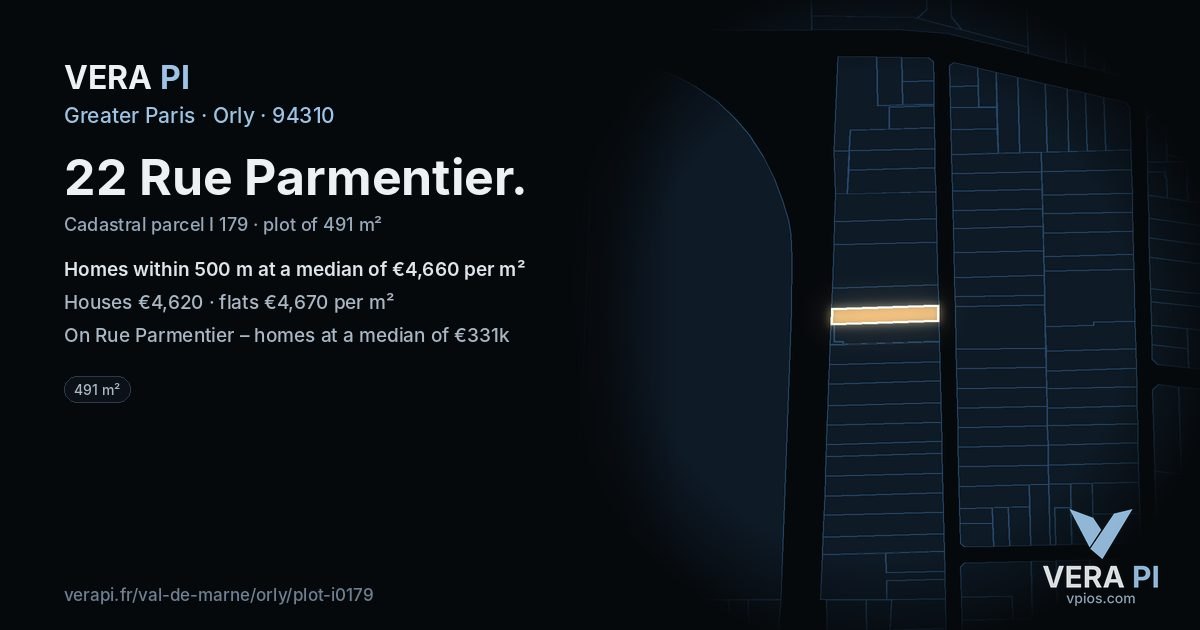 22 Rue Parmentier, Orly at night – the plot lit, the parcels around coloured by the prices near them