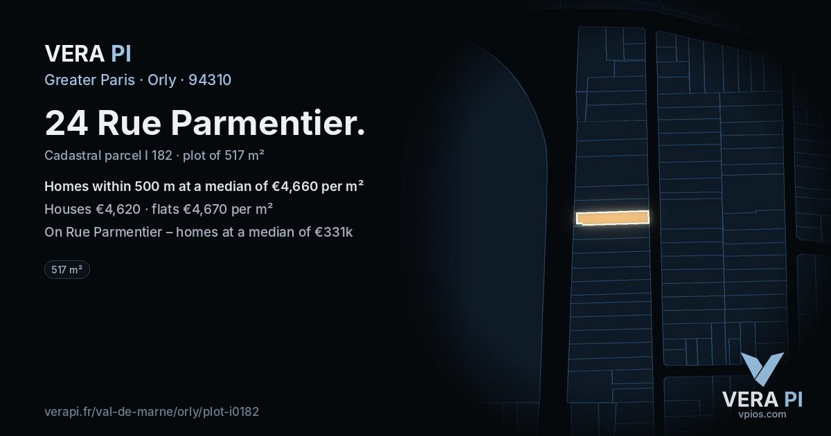 24 Rue Parmentier, Orly at night – the plot lit, the parcels around coloured by the prices near them