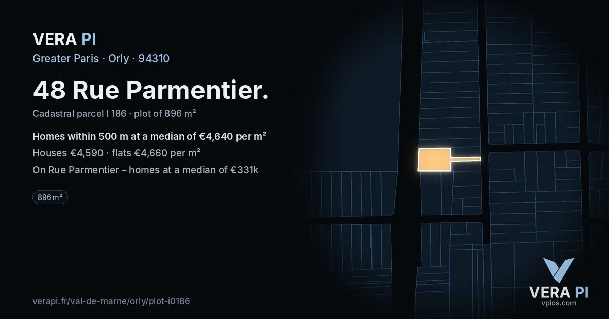 48 Rue Parmentier, Orly at night – the plot lit, the parcels around coloured by the prices near them