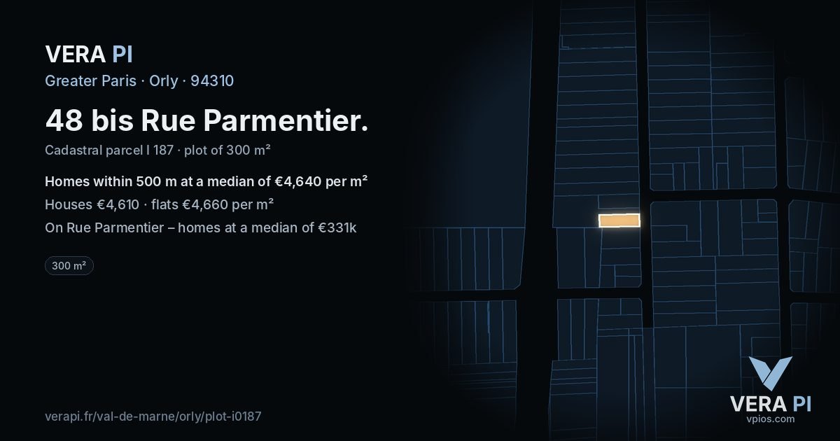 48 bis Rue Parmentier, Orly at night – the plot lit, the parcels around coloured by the prices near them