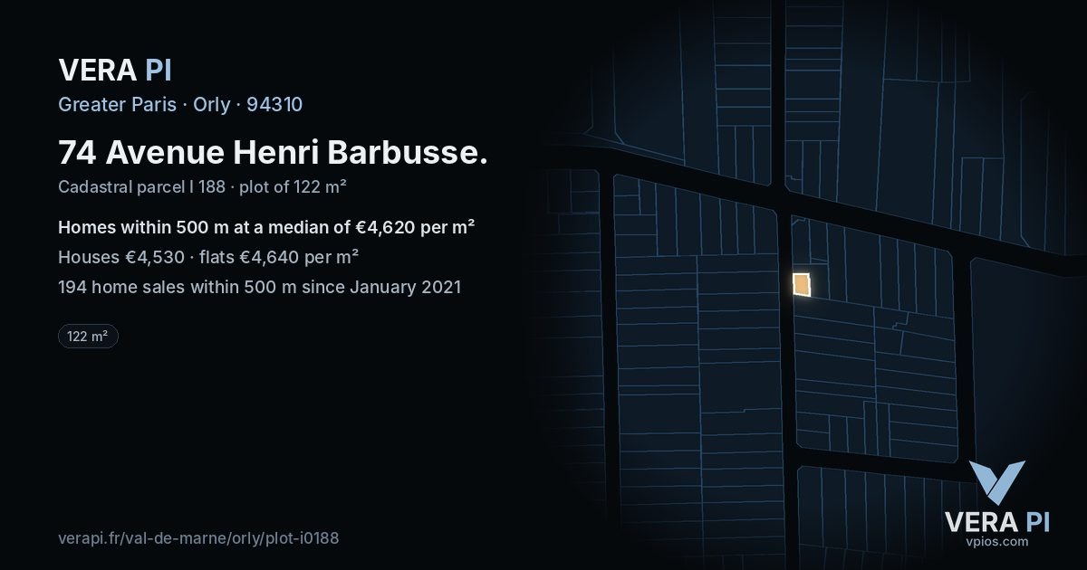 74 Avenue Henri Barbusse, Orly at night – the plot lit, the parcels around coloured by the prices near them