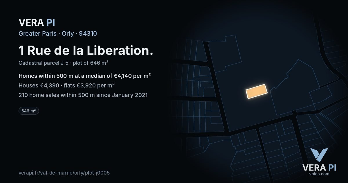 1 Rue de la Liberation, Orly at night – the plot lit, the parcels around coloured by the prices near them