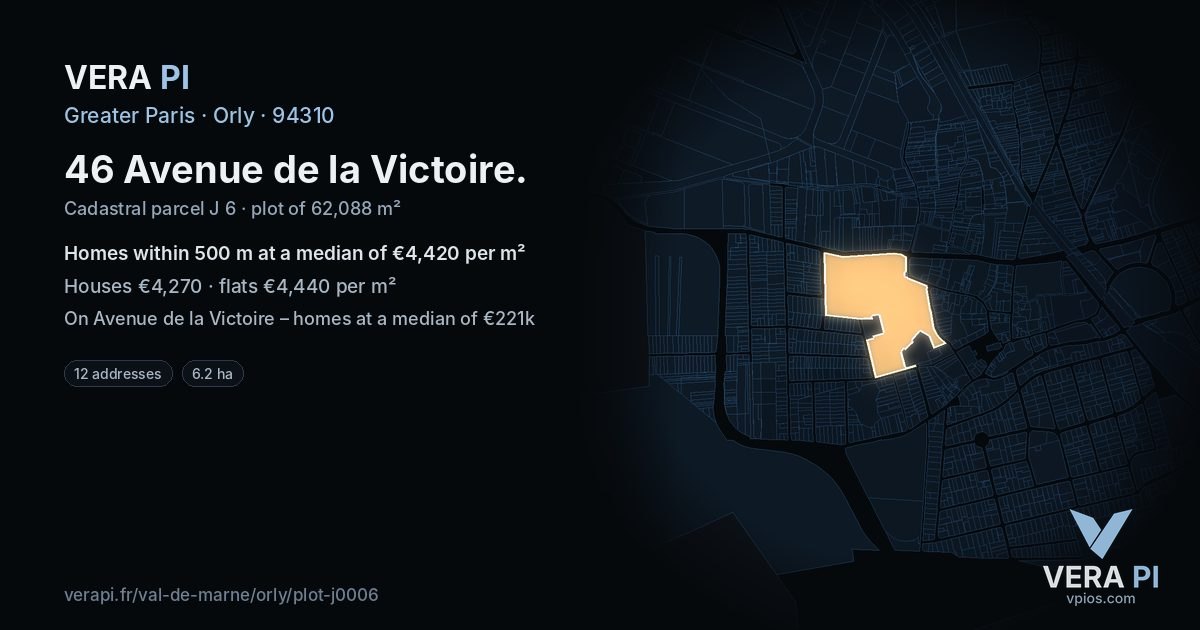 46 Avenue de la Victoire, Orly at night – the plot lit, the parcels around coloured by the prices near them