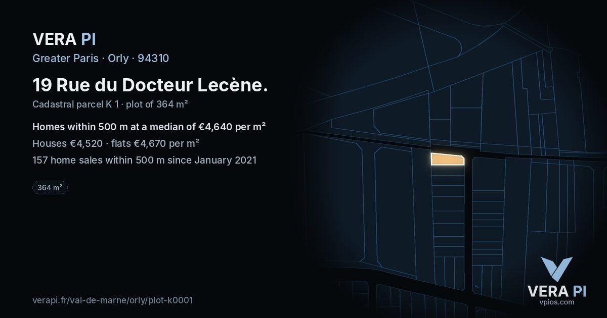19 Rue du Docteur Lecène, Orly at night – the plot lit, the parcels around coloured by the prices near them